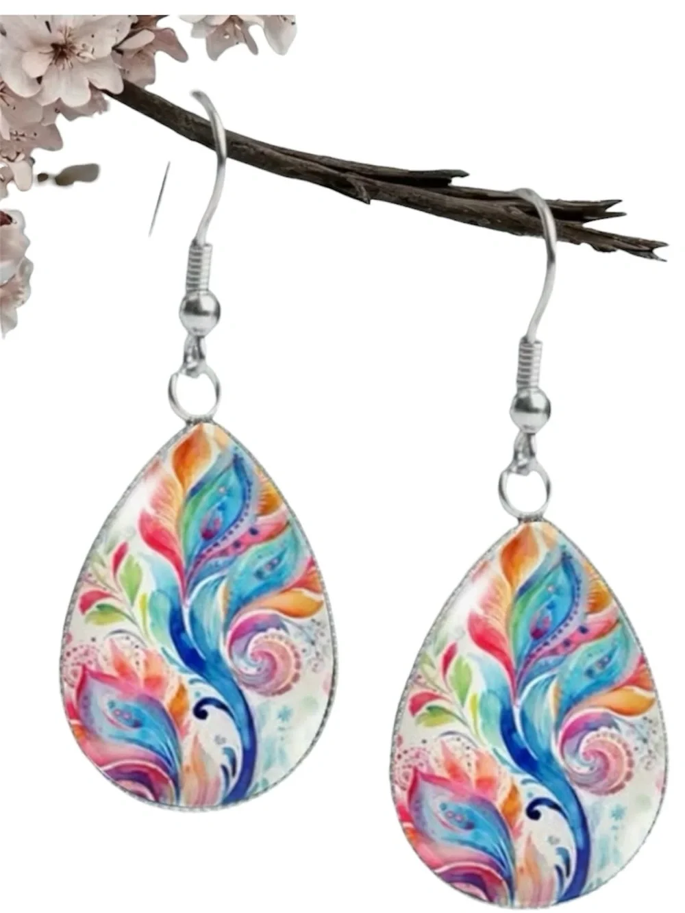 Vibrant Watercolor Abstract Floral Leaf Teardrop Cabochon Glass Earrings
